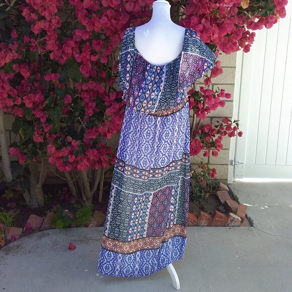 Chico's Womens Dress Maxi Long Blue Size L Print Boho Off the Shoulder Casual - Picture 5 of 7